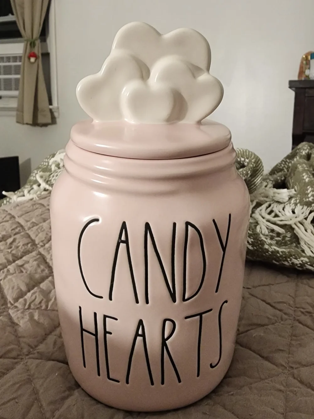Rae Dunn Pink Candy Hearts Ceramic Jar with White Heart Lid